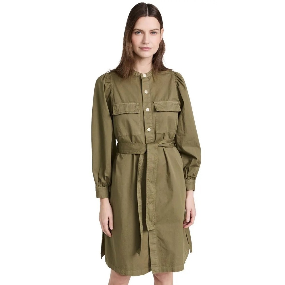 Alex Mill Cairo Dress Olive Green‎ Cotton Utility Puff Sleeve Midi Belted Large
